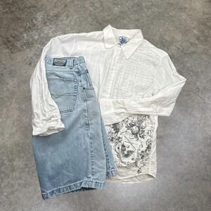 Vintage Y2K Machine White Script Heraldic Crest Button Down Shirt Mens XL Boxy